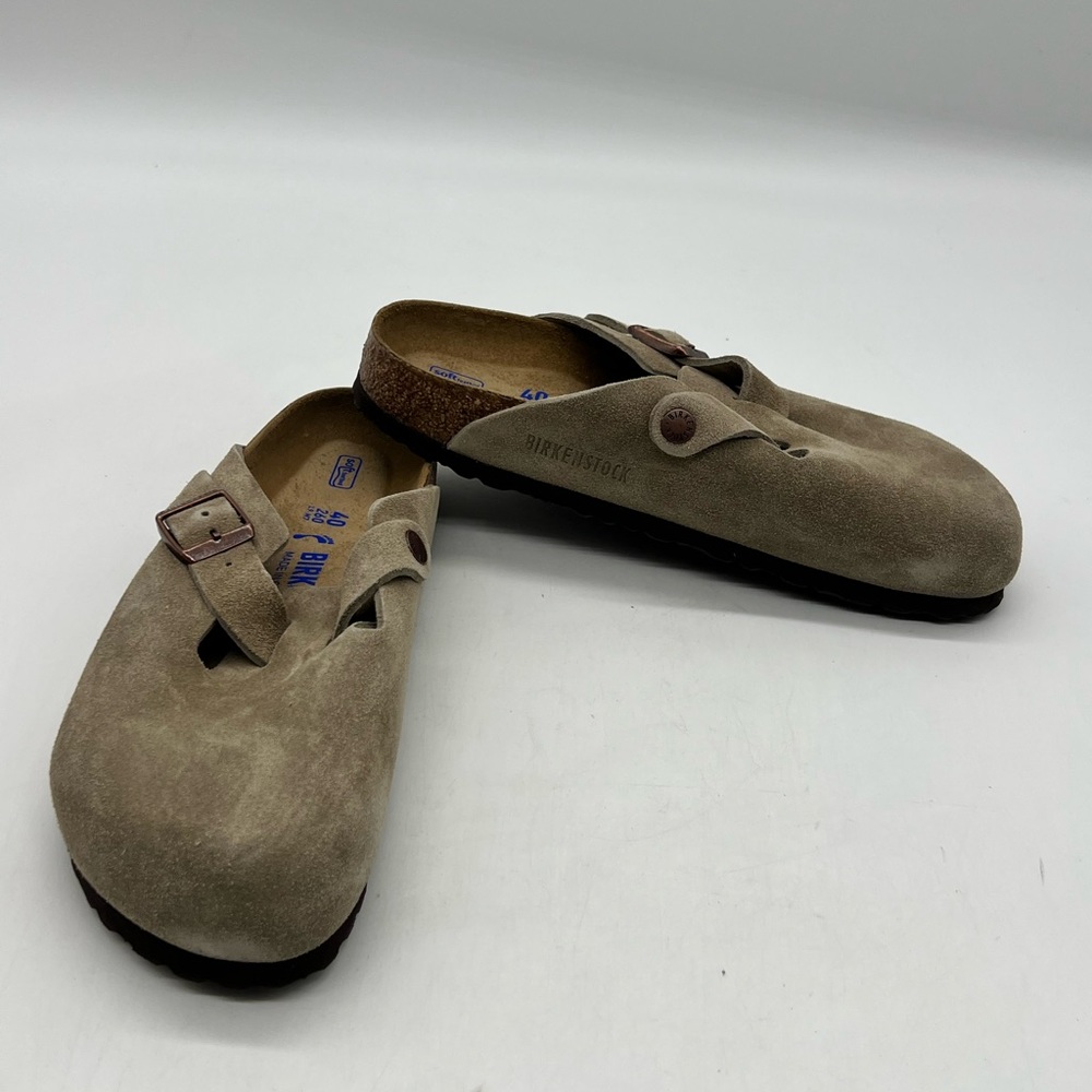 Birkenstock Boston Women 9 Men 7 Narrow Taupe Suede Clogs Slip On Shoes - Picture 10 of 16